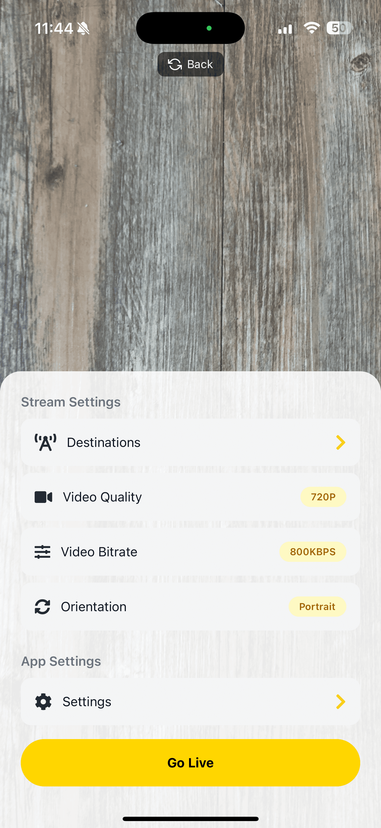 Castream mobile stream settings with destinations, video quality, and a Go Live button