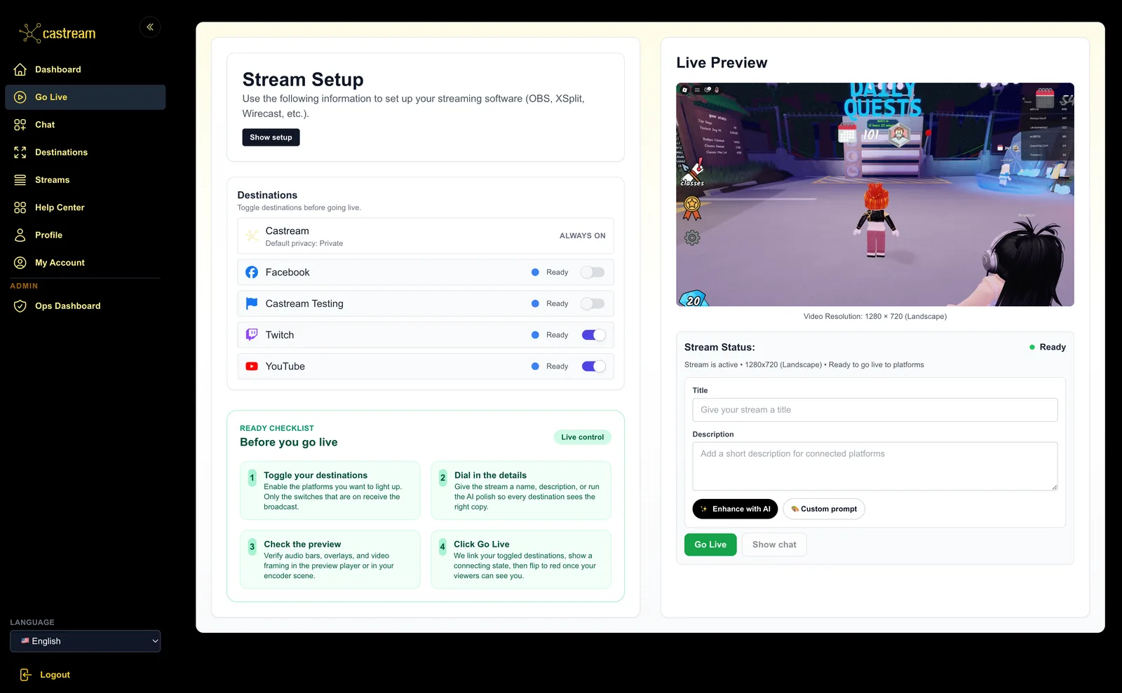 Castream desktop dashboard with stream details, connected destinations, and chat tools