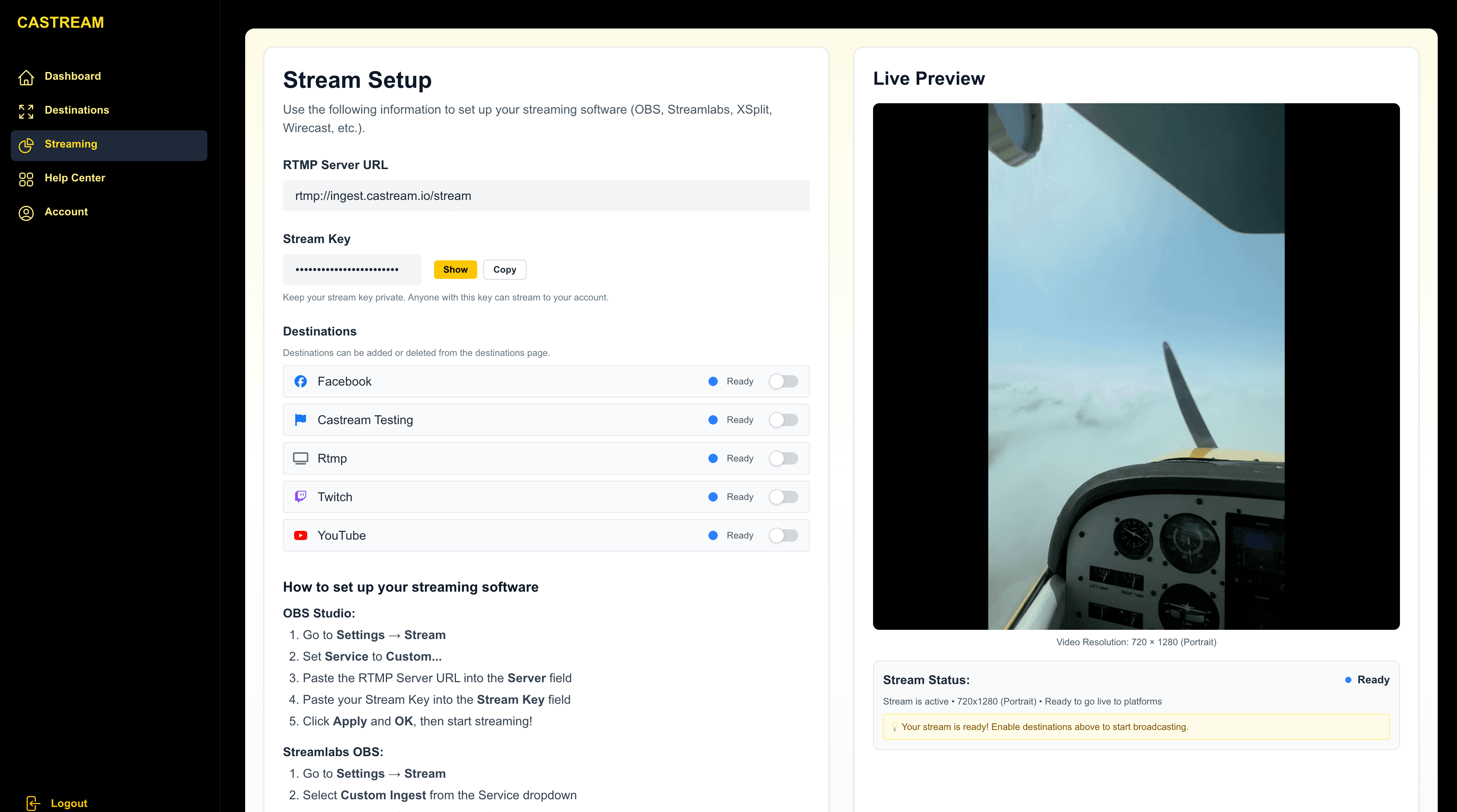 Castream dashboard showing the RTMP setup, destination switches, and live preview